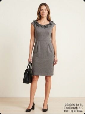 London Times Gray Ruffle Neck Sheath Dress | Cap Sleeve Career Workwear Size 6